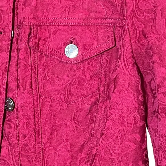 Chicos Size S Rich Red Elongated Jacquard Jean Jacket w/ Floral Imprint - Picture 5 of 9